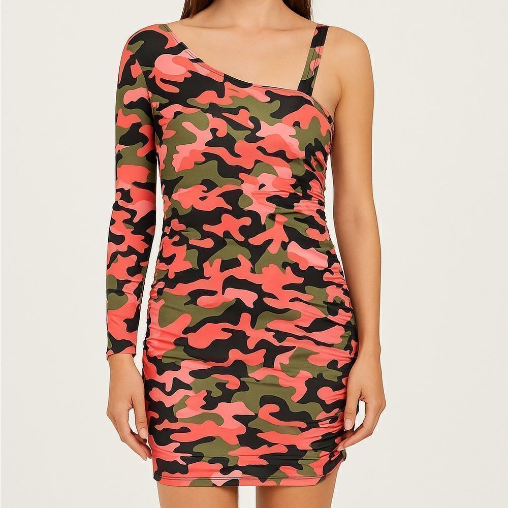 2/$30 Ella Samani Pink Camouflage One Shoulder Ruched Bodycon Dress